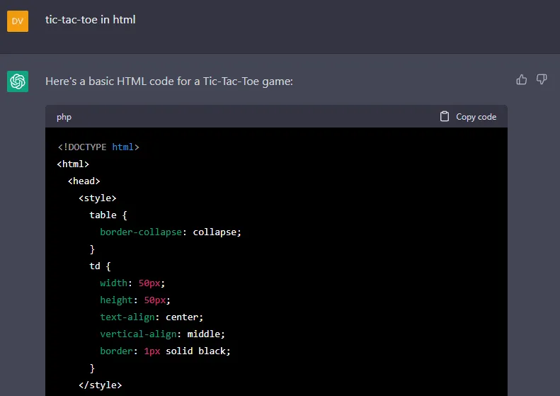BAWA Tech blog: ChatGPT generating a response to my request to create a tic-tac-toe game on html.