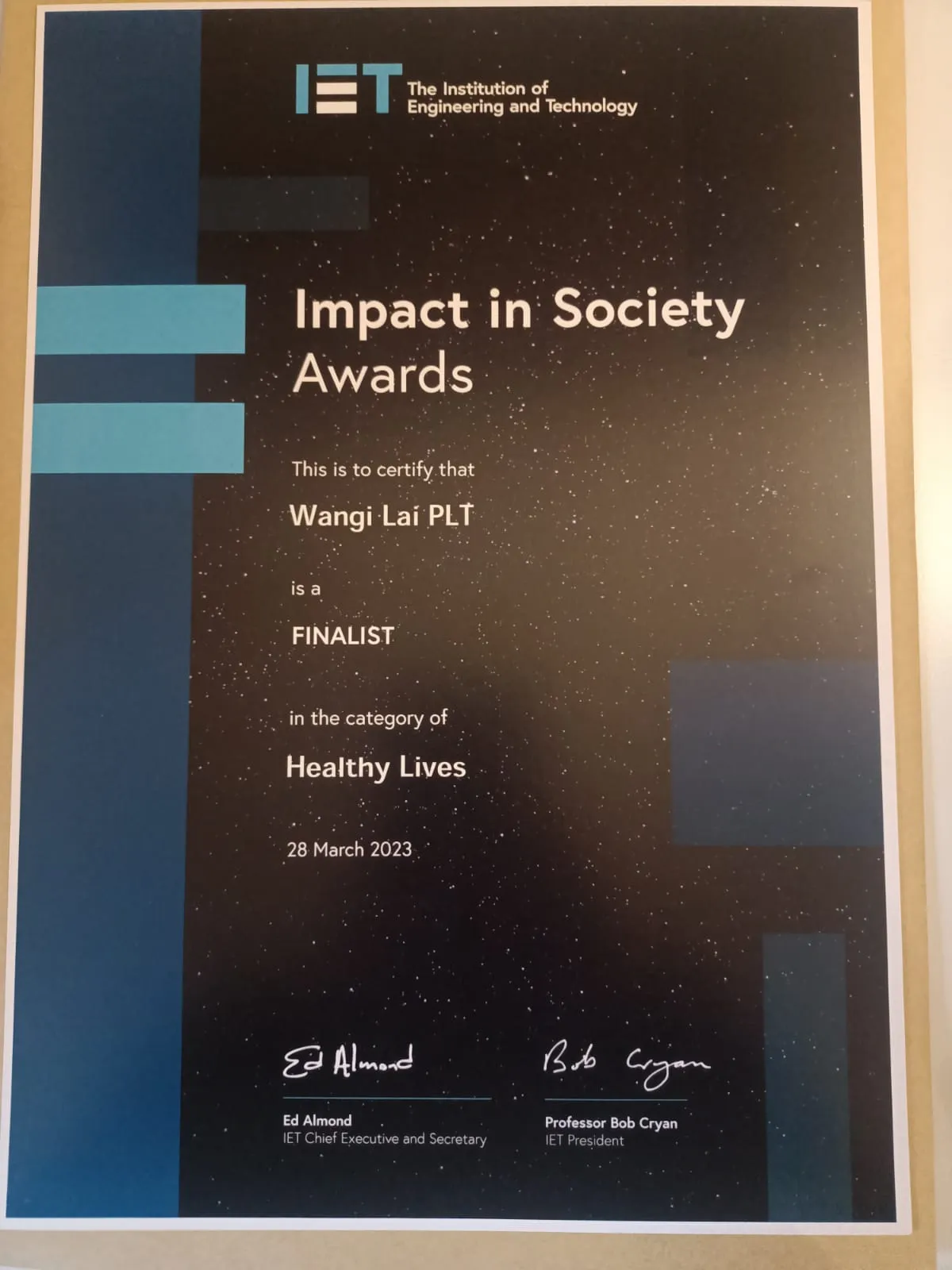 IET Impact in Society Awards: Finalists certificate of recognition